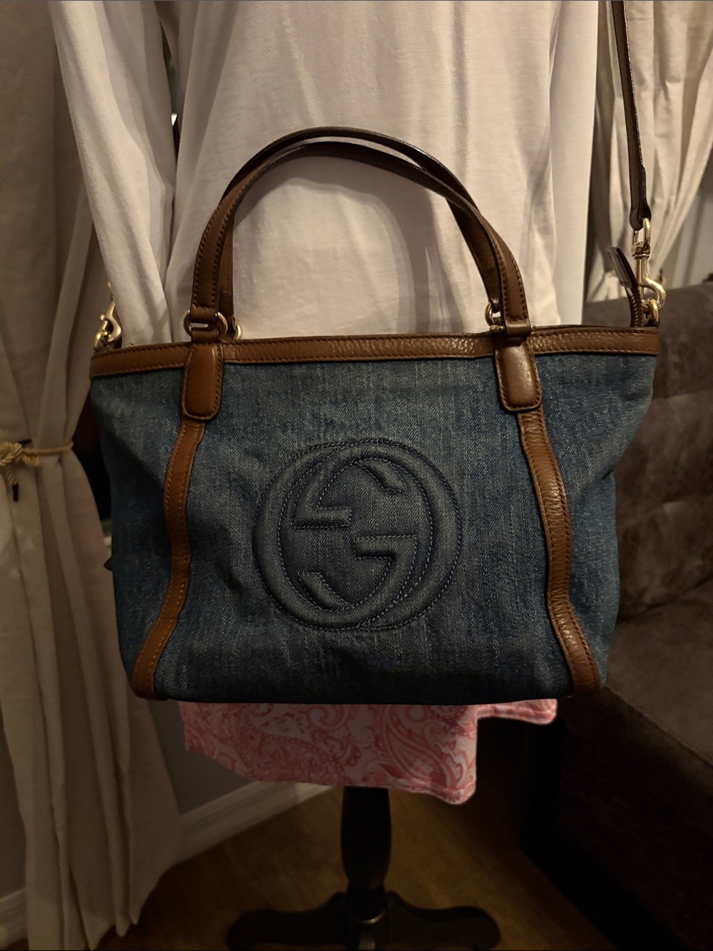 Gucci Soho Denim Shoulder 2way Tote with Brown Leather Trim